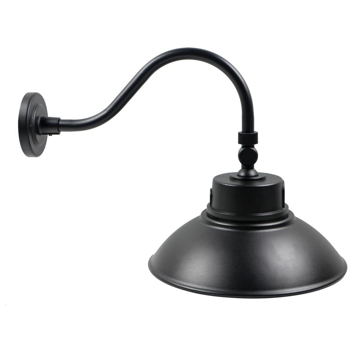 Black Nuvo LED gooseneck exterior light fixture with CCT adjustable, 30W-50W, photocell, suitable for outdoor use.