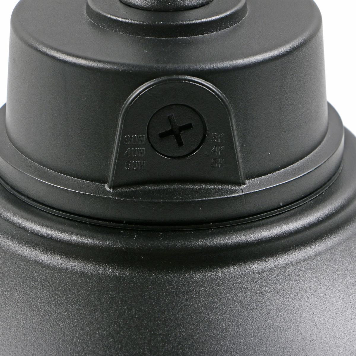 Nuvo LED gooseneck exterior lighting fixture in black with CCT selectable 3K/4K/5K, 30W-50W, and photocell, 120-277V.