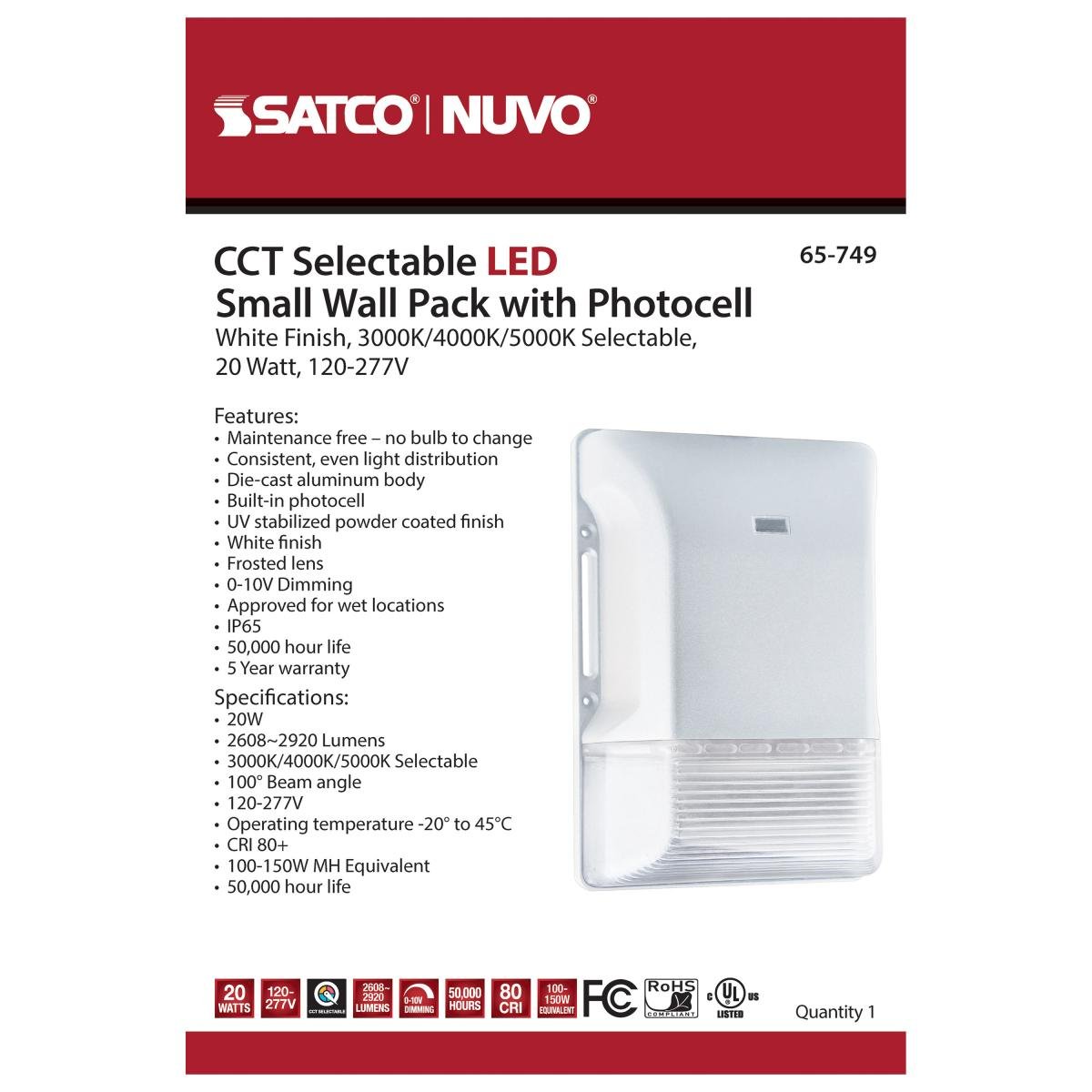 Satco 20W LED Small Wall Pack exterior lighting fixture with selectable CCT 3K/4K/5K in white finish, 100-277V.