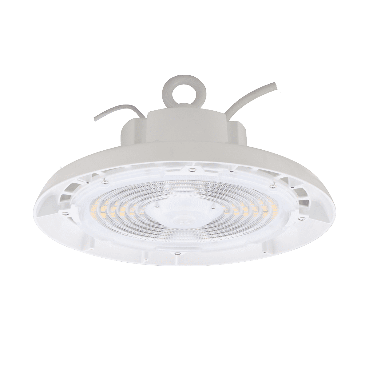 Eiko BAYE3 round high bay LED light fixture with 150W wattage, white finish, dimmable, 3500K-5000K color options, and 120-277V.