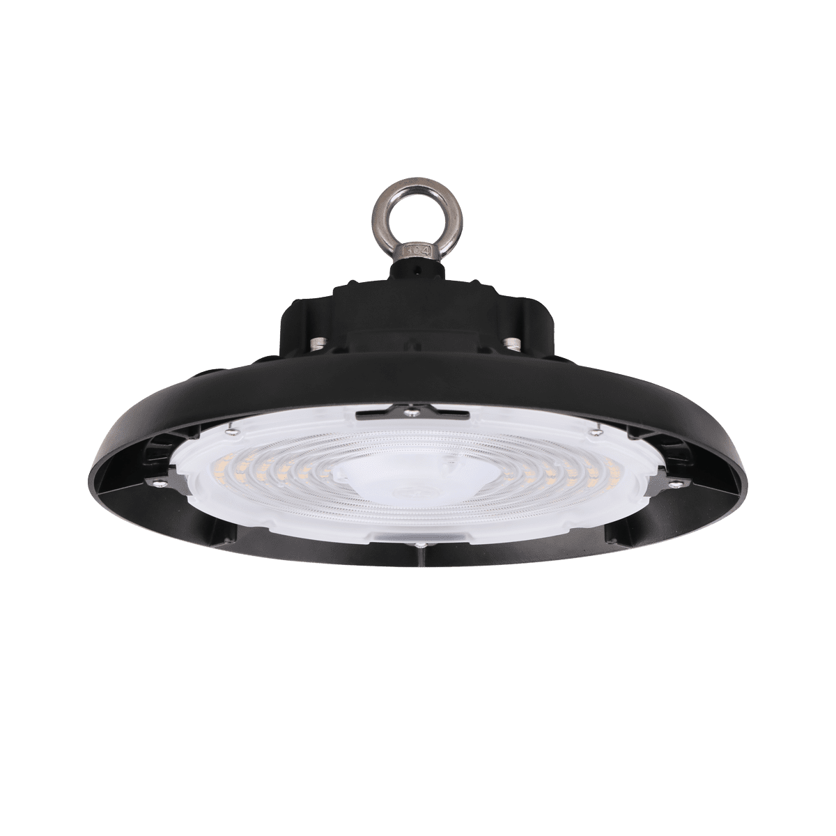 Eiko BAYE3 round high bay LED light in black, 150W, 3500K, 120-277V with 0-10V dimming, suitable for industrial spaces