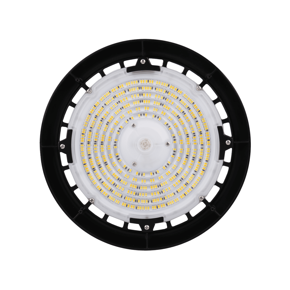 Eiko BAYE3 round high bay LED light in black, 150W, 5000K, 0-10V dimming, suitable for industrial or commercial spaces
