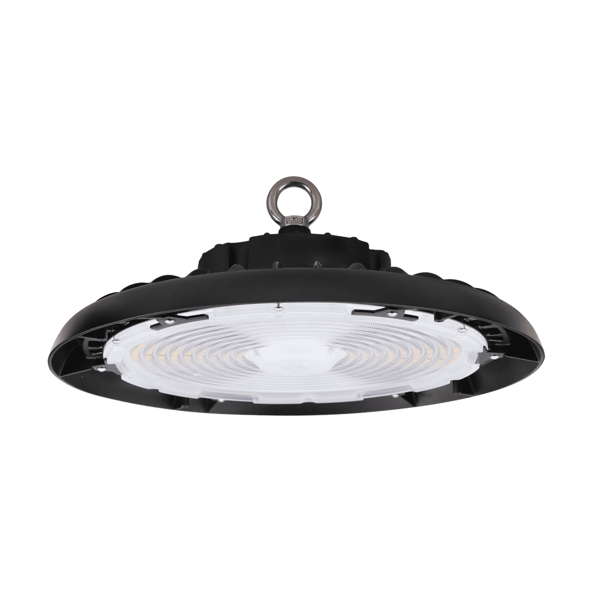 Eiko BAYE3 round high bay LED light in black, 240W with 3500K, 4000K, or 5000K color options, dimmable, 120-277V.