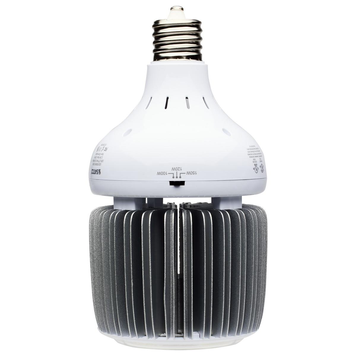 SATCO LED high-bay bulb with 100/120/150W selectable wattage, ballast bypass, 5000K, for 100V-277V lighting applications.
