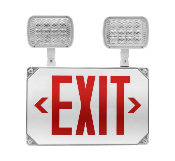 Nicor LED wet location emergency exit sign with adjustable light heads and red lettering for safety and visibility.
