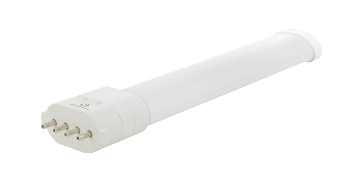 Green Creative 5.5W 4-pin LED bulb in green, 3500K, ballast bypass, rated for enclosed fixtures, ideal for energy-efficient lighting.