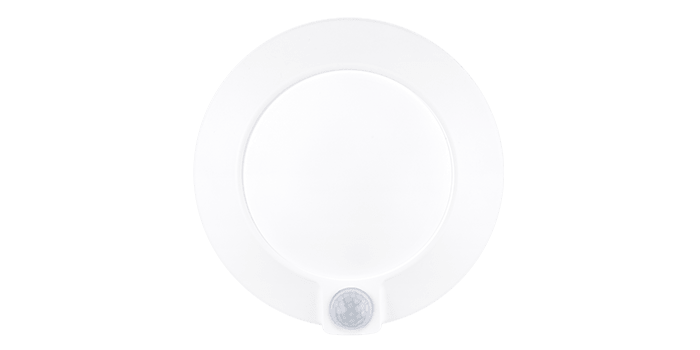 Green Creative 6-inch LED light fixture with PIR sensor and 3000K warm white light, designed for energy-efficient lighting.