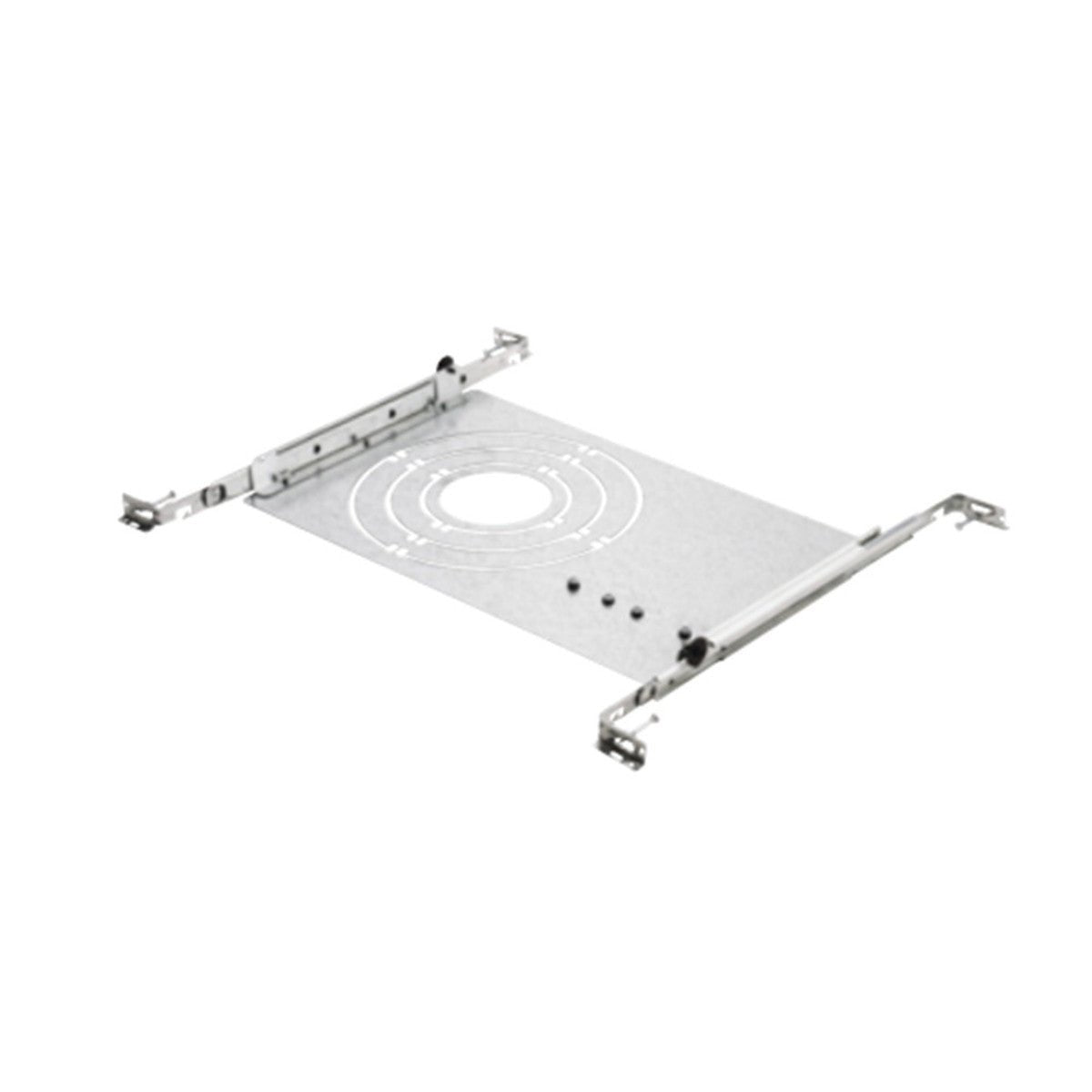 Lithonia Lighting LED Wafer universal new construction pan for 3 to 8-inch LED downlights, shown in a lighting installation setup.