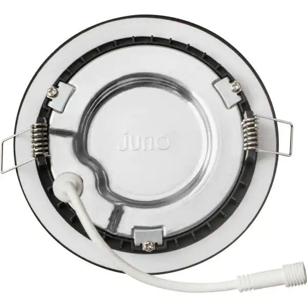 Matte black 6-inch Lithonia Lighting LED wafer downlight with switchable CCT, slim recessed lighting for modern ceilings.