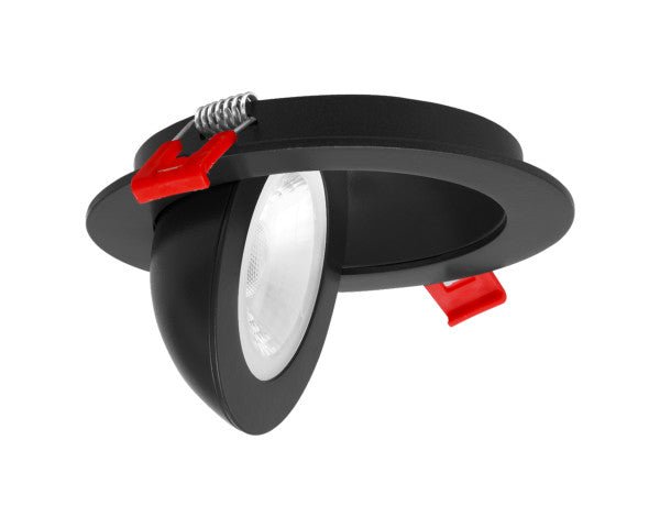 4-inch black Nicor LED wafer recessed downlight with selectable gimbal and canless floating design, ideal for modern lighting.