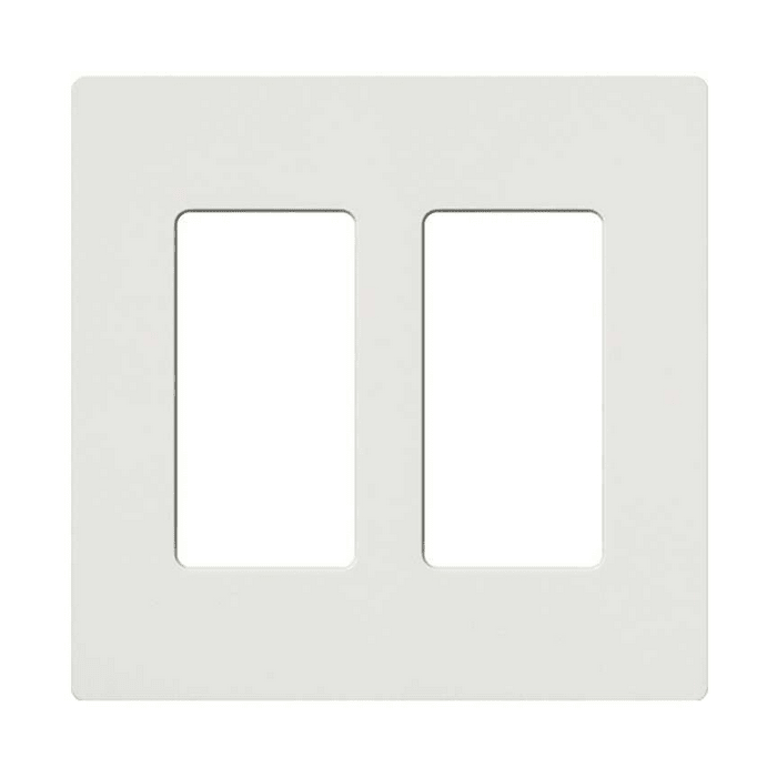Lutron 2-Gang White Wallplate for wiring devices, mounted on wall with visible screw holes and smooth finish.