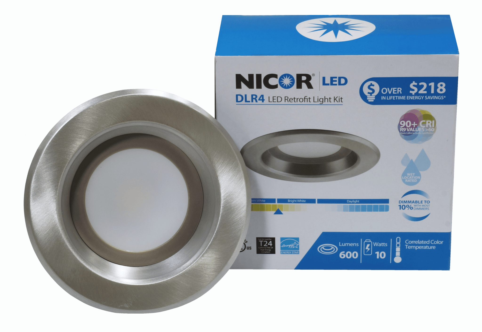 Nicor 4-inch Nickel LED Recessed Downlight in 4000K with 93 CRI, part of LED Recessed Retrofit Kits for modern ceiling lighting.