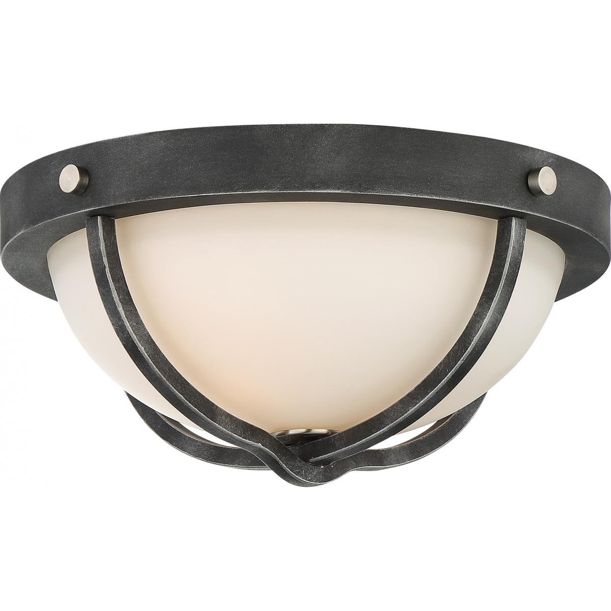 Sherwood 2-light 15-inch flush fixture by Nuvo with satin white glass, black finish, and brushed nickel accents for decorative lighting.