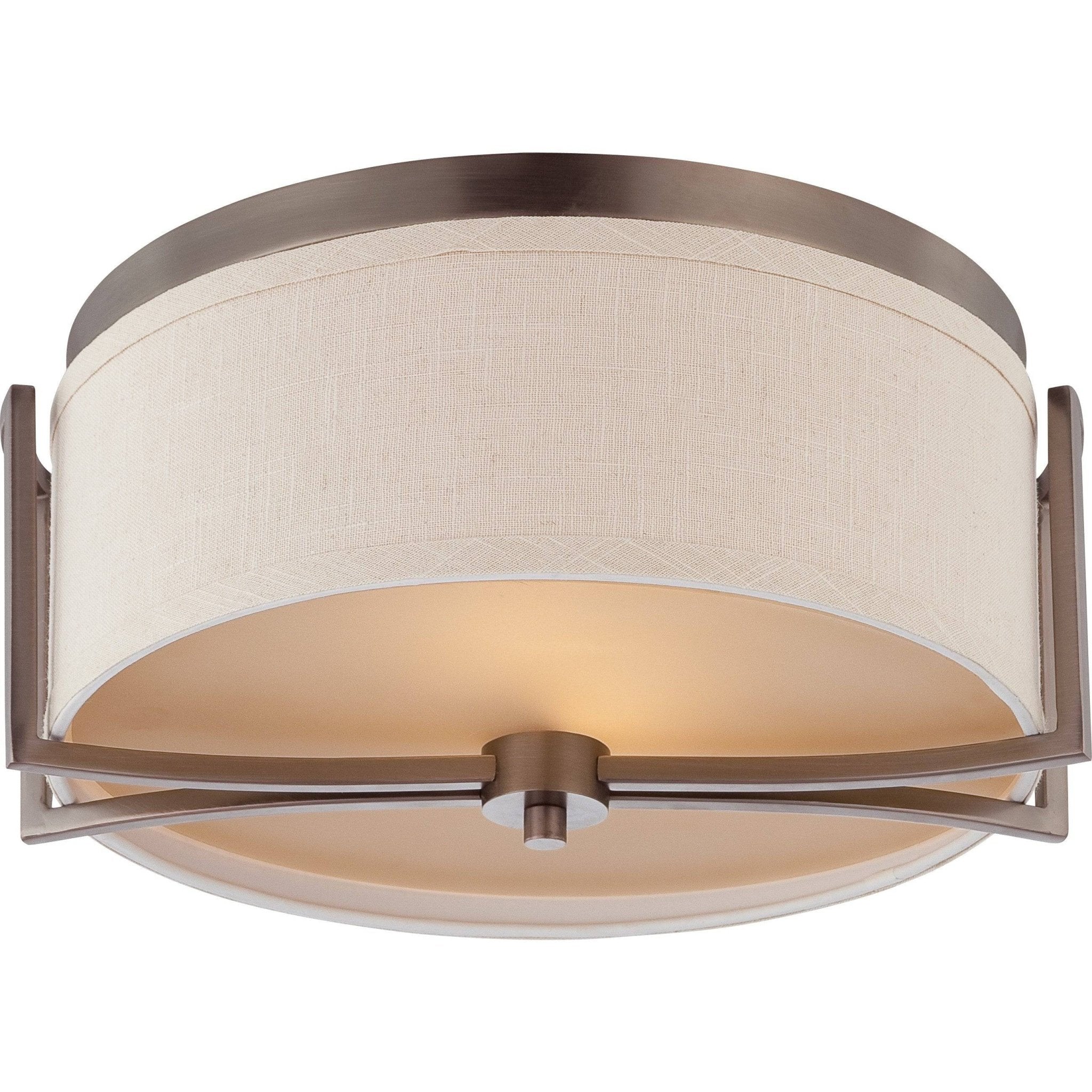 Nuvo Gemini 2-light flush dome fixture with khaki fabric shade, decorative lighting for modern interior ceilings.