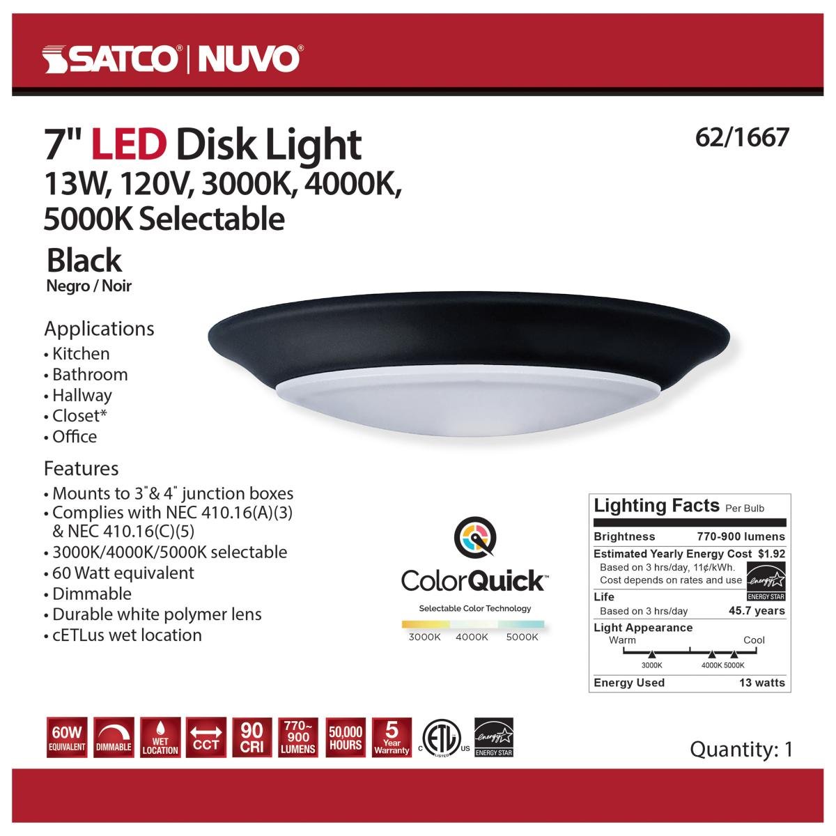 7-inch Nuvo LED Disk Light with black finish, CCT selectable 3K/4K/5K, modern LED lighting fixture for ceiling installation