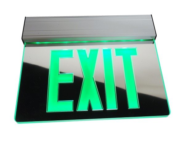Nicor LED emergency exit sign with mirrored surface and green illuminated lettering, designed for clear visibility and safety.