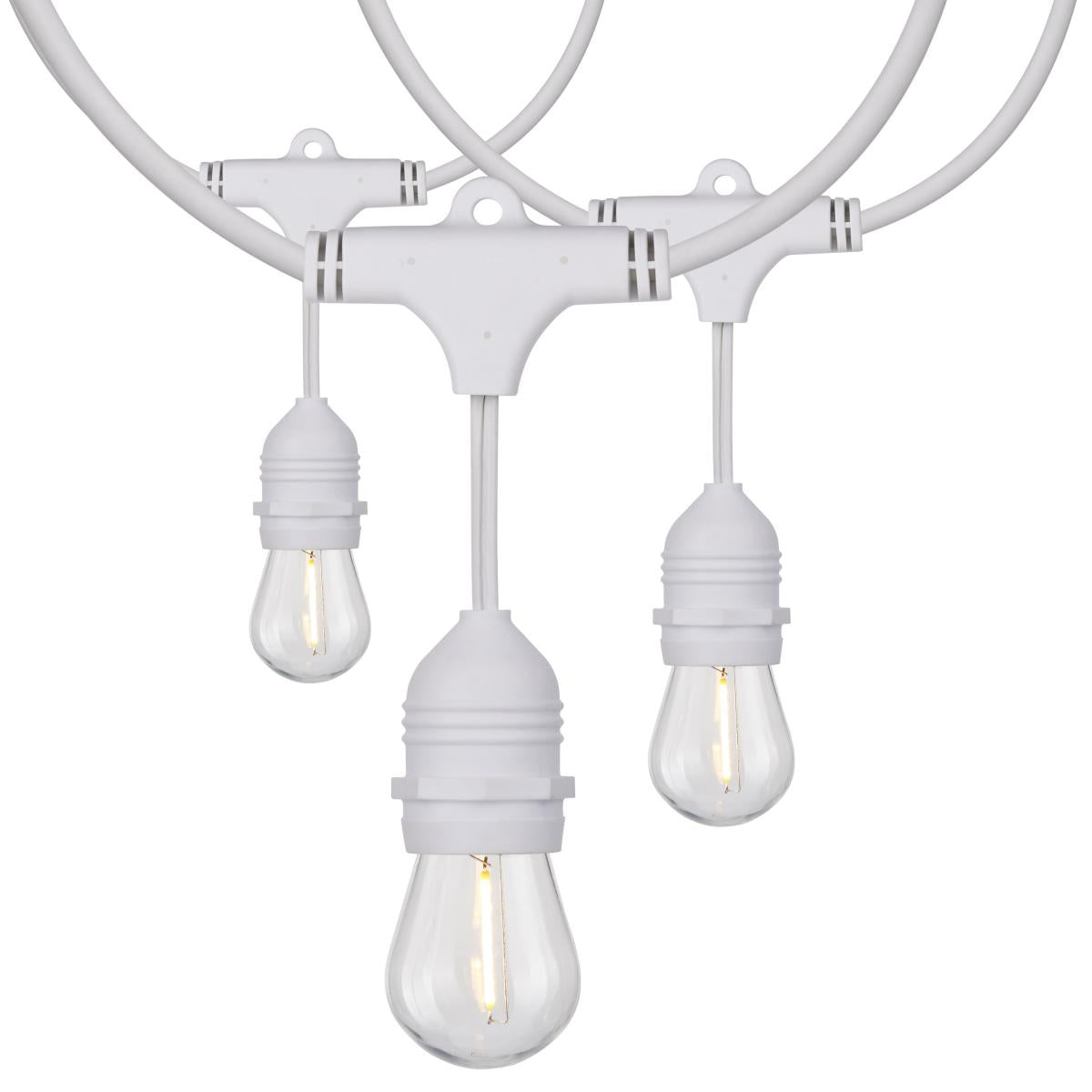 Satco 24ft LED string light with 12 S14 bulbs in warm 2200K white, ideal for decorative lighting and ambiance.