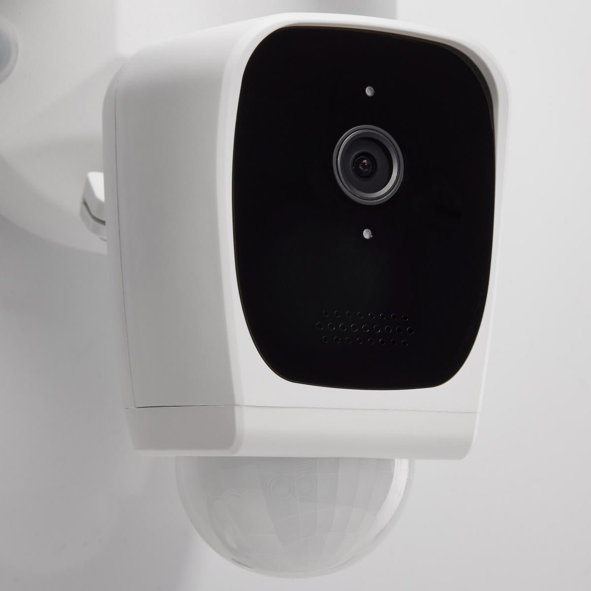 Satco Bullet Outdoor SMART Security Camera with Starfish enabled in white finish, exterior lighting fixture for home security.