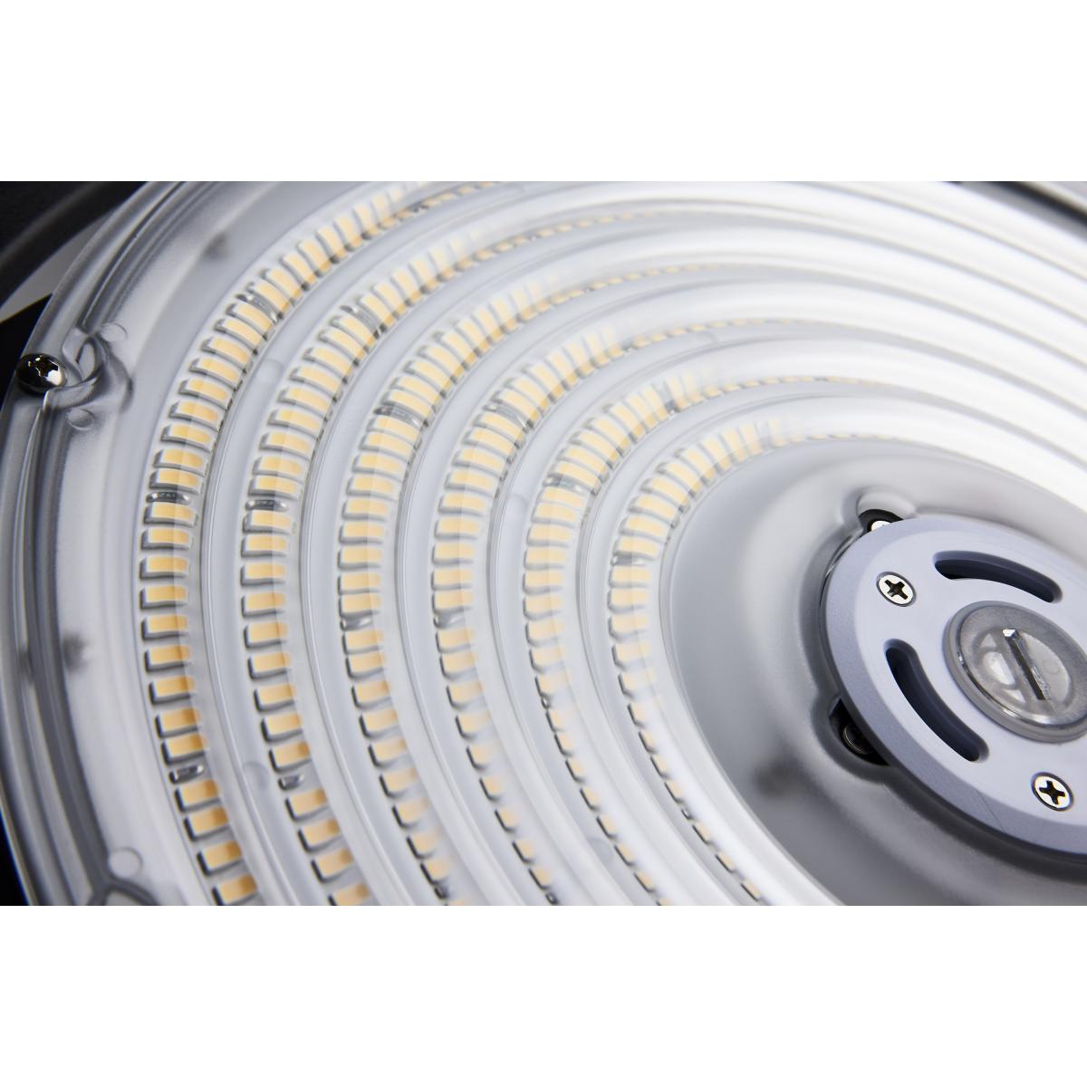 Satco 150W UFO LED High Bay light with 21600 lumens, 5000K color, black finish, dimmable, suitable for industrial or warehouse use.