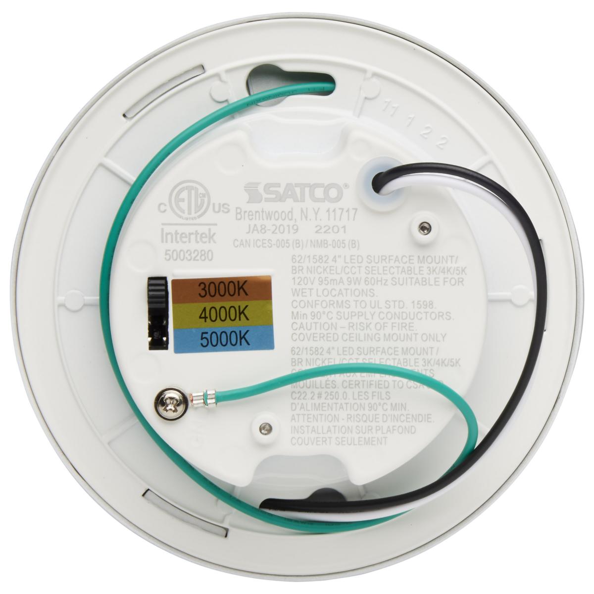 4-inch LED surface mount fixture by Satco with CCT selectable 3K/4K/5K in brushed nickel finish.