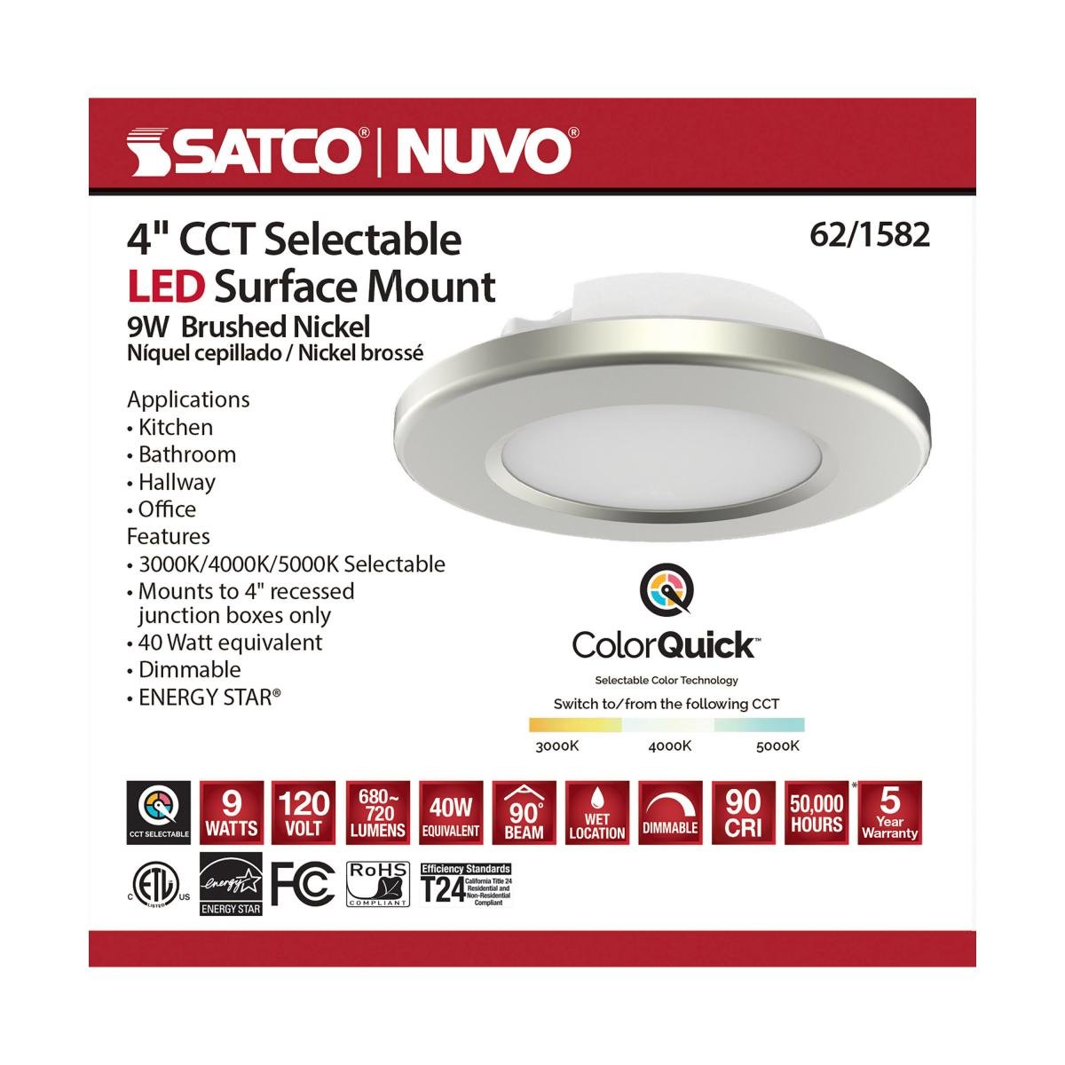 4-inch LED surface mount fixture by Satco with CCT selectable 3K/4K/5K, brushed nickel finish, ideal for modern lighting.