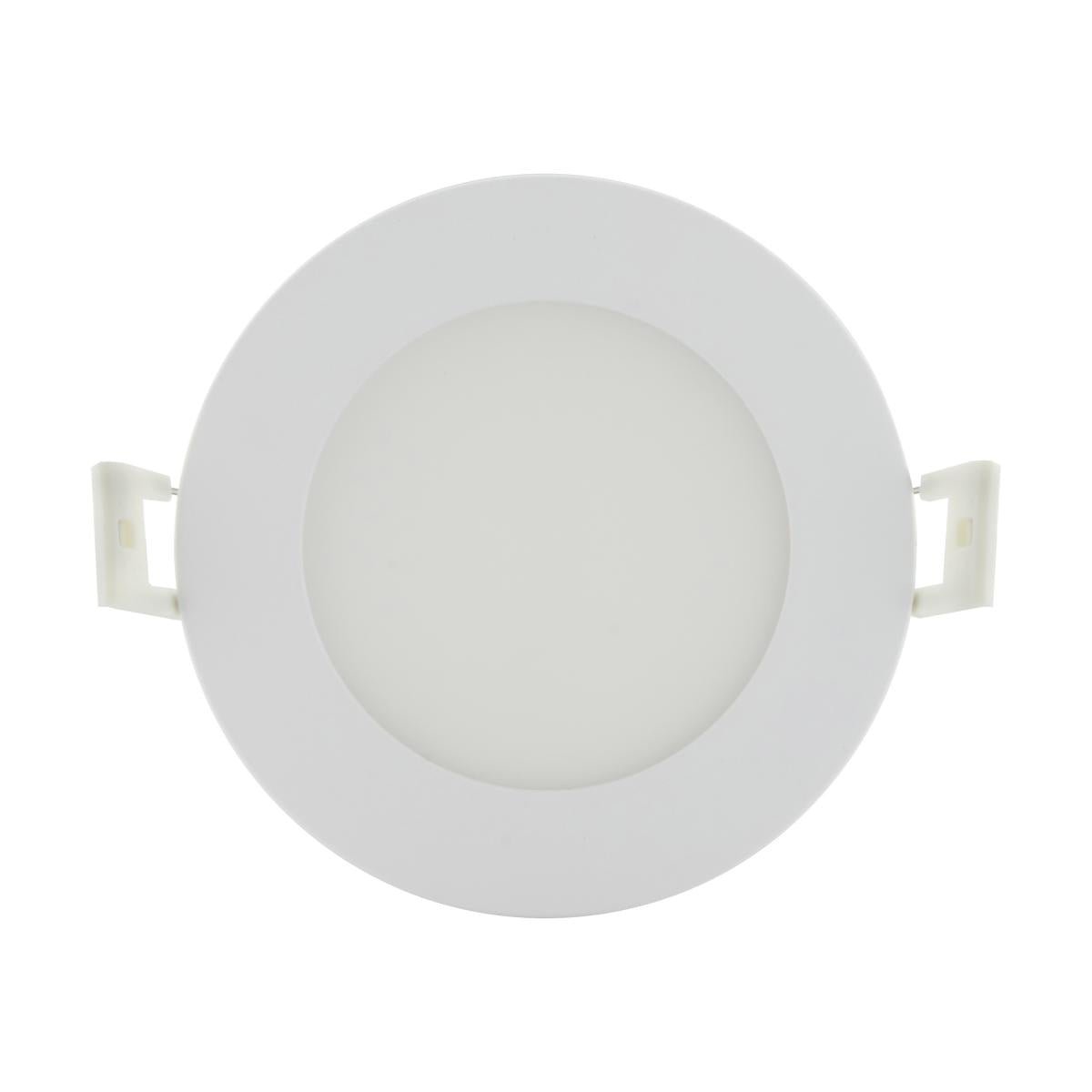 Round 4-inch Satco LED recessed retrofit downlight with edge-lit design, CCT selectable, 10W, dimmable, 120V, remote driver.