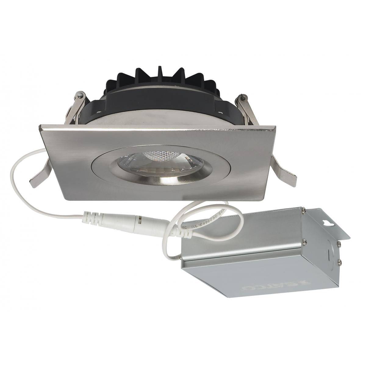 12 watt LED Downlight; Gimbaled; 4 inch; 3000K Square; Brushed Nickel - Green Lighting Wholesale