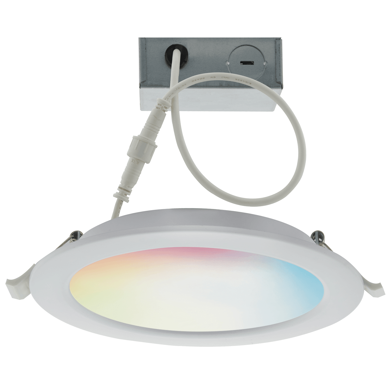 Satco 6-inch LED wafer downlight with tunable white and RGB color options, direct wire installation, energy-efficient lighting.
