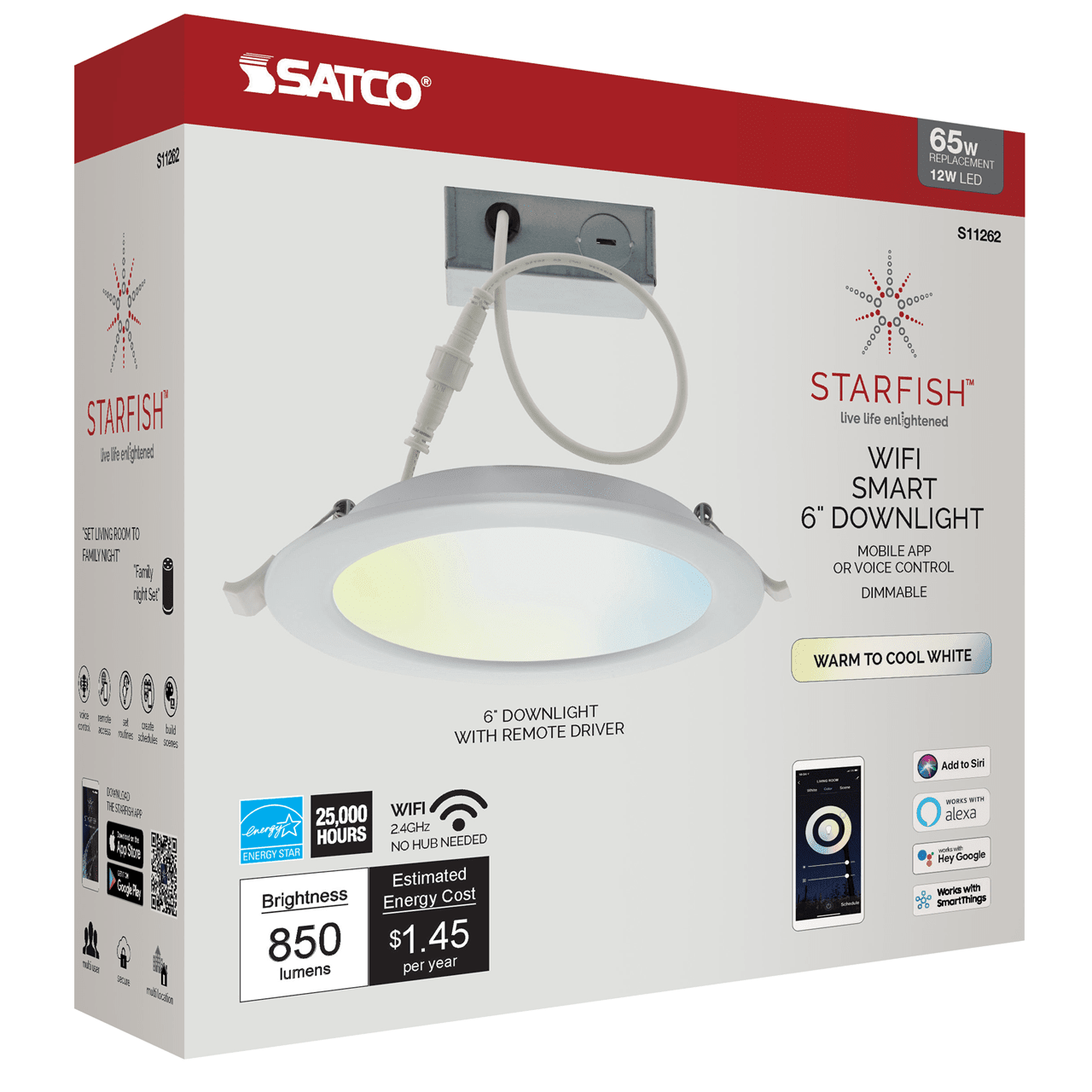 Satco 6-inch LED wafer direct wire downlight with tunable white and RGB color options, ideal for modern lighting installations.