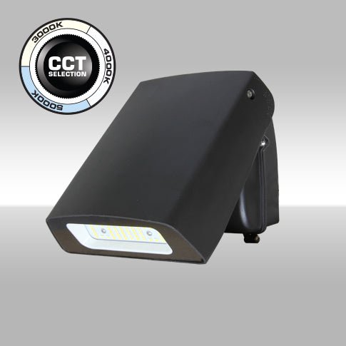 MaxLite LED Thin Cutoff Wall Pack 15W exterior light fixture in bronze with photocell and surge protector, suitable for outdoor lighting.