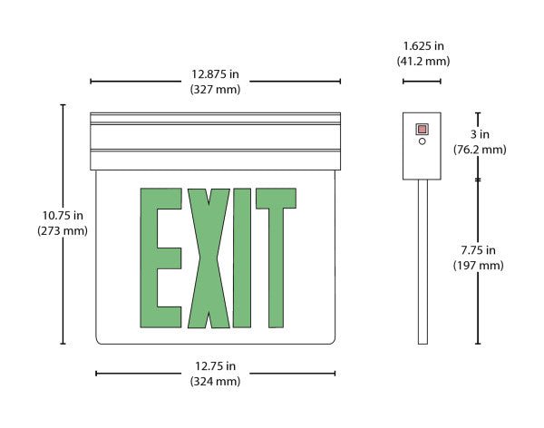 Nicor LED emergency exit sign with mirrored surface and green illuminated lettering, designed for safety and visibility.