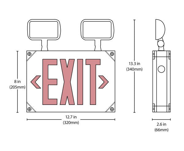 Red LED wet location emergency exit sign with adjustable light heads by Nicor, featuring clear red lettering for visibility.