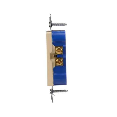 Eaton 15A Ivory Decorator Duplex Receptacle in wiring devices, showing two outlets and a secure mounting plate.