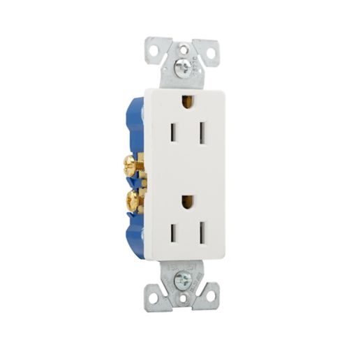 White Eaton 15A Decorator Duplex Receptacle by Cooper, 125V wiring device with two outlets for electrical connections.