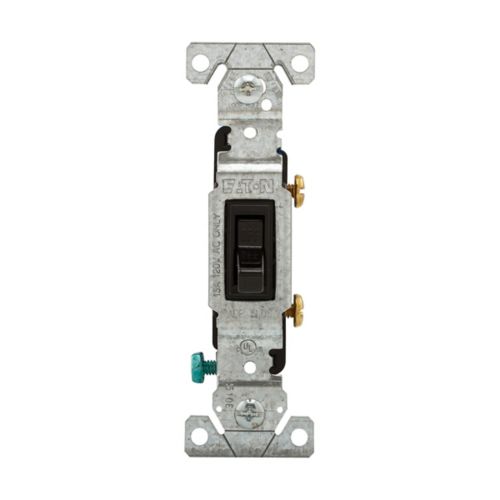 Black Eaton single pole 15A toggle switch in 125V wiring device, manufactured by Cooper.