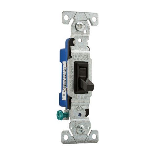 Black Eaton single pole 15A toggle switch for 125V wiring devices by Cooper, showing the switch and mounting hardware.