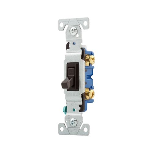 Eaton Cooper single pole 15A toggle switch in brown for 125V wiring applications, showing the switch and mounting hardware.