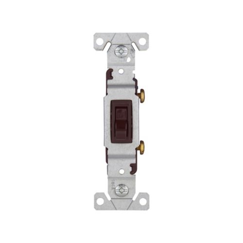 Brown Eaton 15A single-pole toggle switch from Cooper, 120V wiring device, with lever and mounting hardware visible.