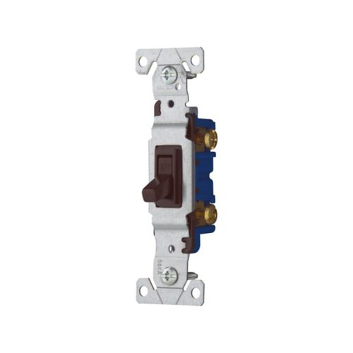 Eaton 15A single-pole toggle switch in brown for 120V, wiring device by Cooper, with switch in the on position