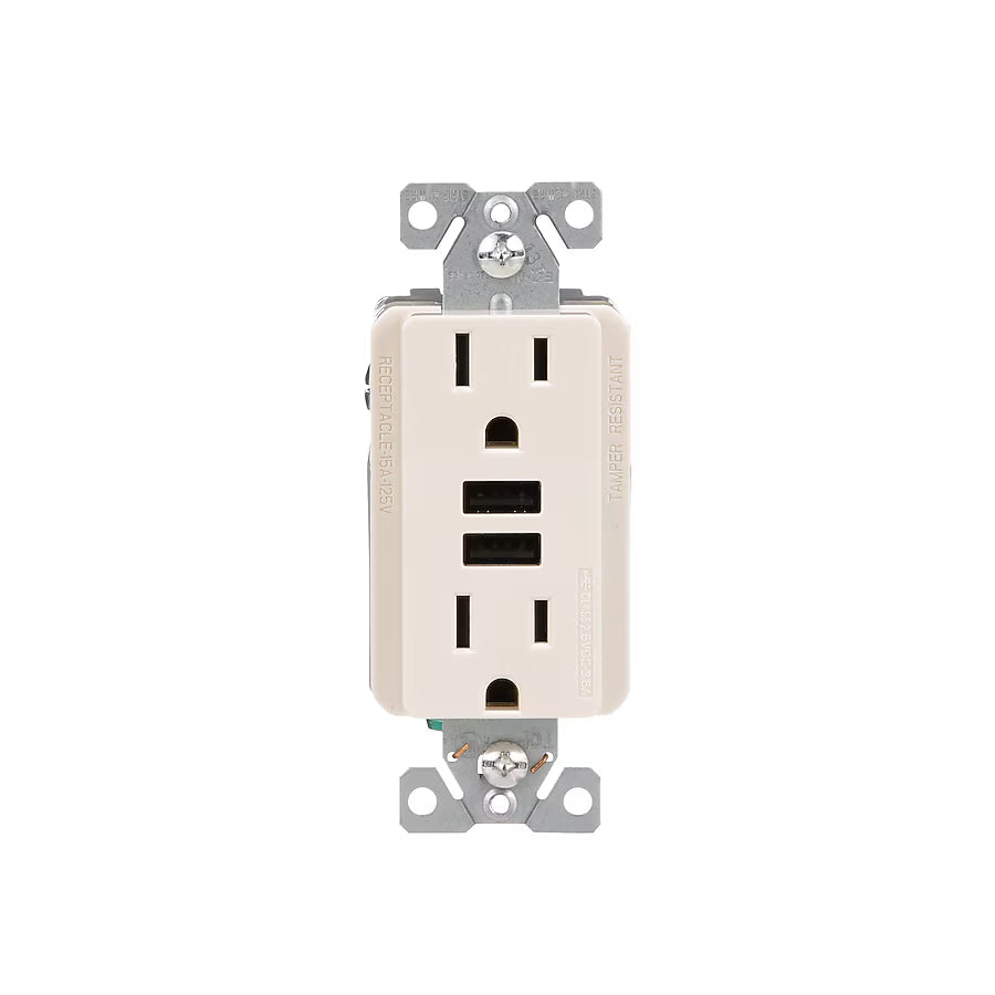 Eaton tamper-resistant light almond 15A USB charger with Decora duplex receptacle, Cooper wiring device for electrical outlets.