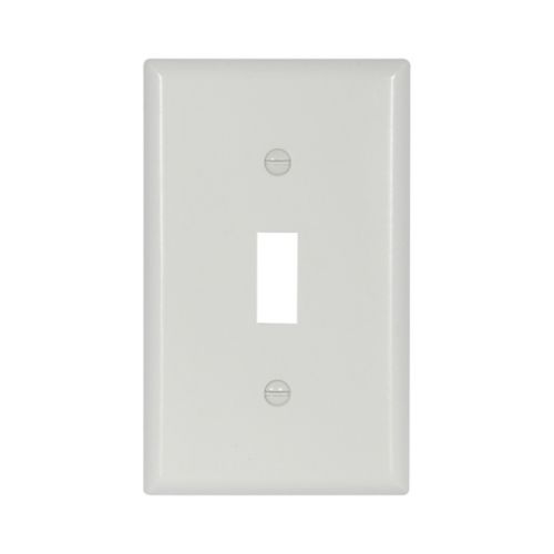 Set of 10 white Eaton Cooper 1-Gang toggle wallplates for wiring devices, showing their smooth, clean surface and mounting holes.