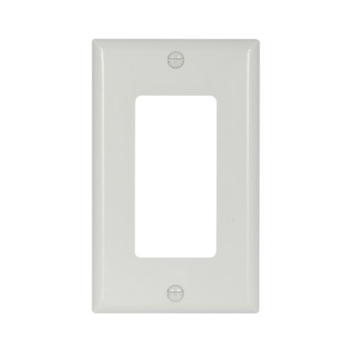 White Eaton single-gang Decora wallplate by Cooper, designed for standard wiring device installation in homes.