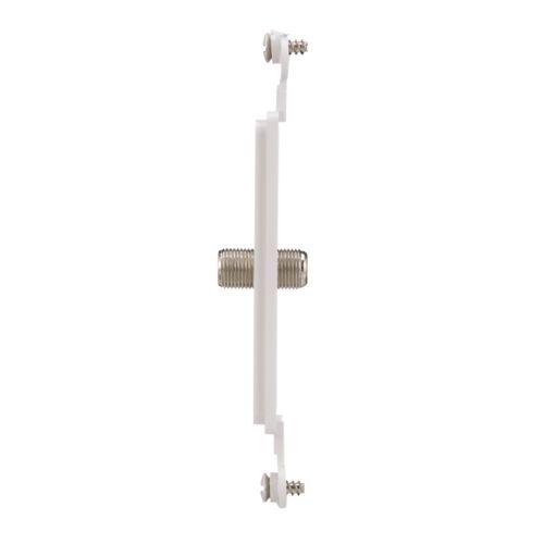 White Eaton Type F coaxial adapter by Cooper, wiring device for connecting coaxial cables in electronic setups.