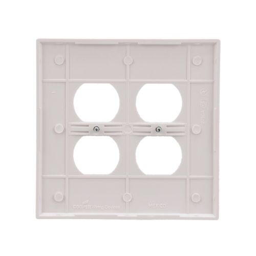 White Eaton oversized 2-gang duplex receptacle wallplate by Cooper, with a smooth finish and mounting holes visible.