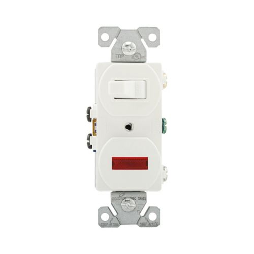 White Eaton 15A commercial-grade single pole switch with pilot light, from Cooper, designed for wiring applications.