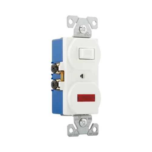 White Eaton 15A commercial grade single pole switch with pilot light, designed for wiring devices by Cooper