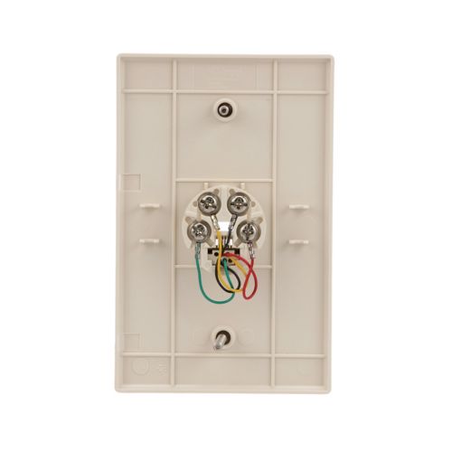 Light almond wallplate for telephone jack, mid-size thermoplastic wiring device with 4-conductor connection by Cooper