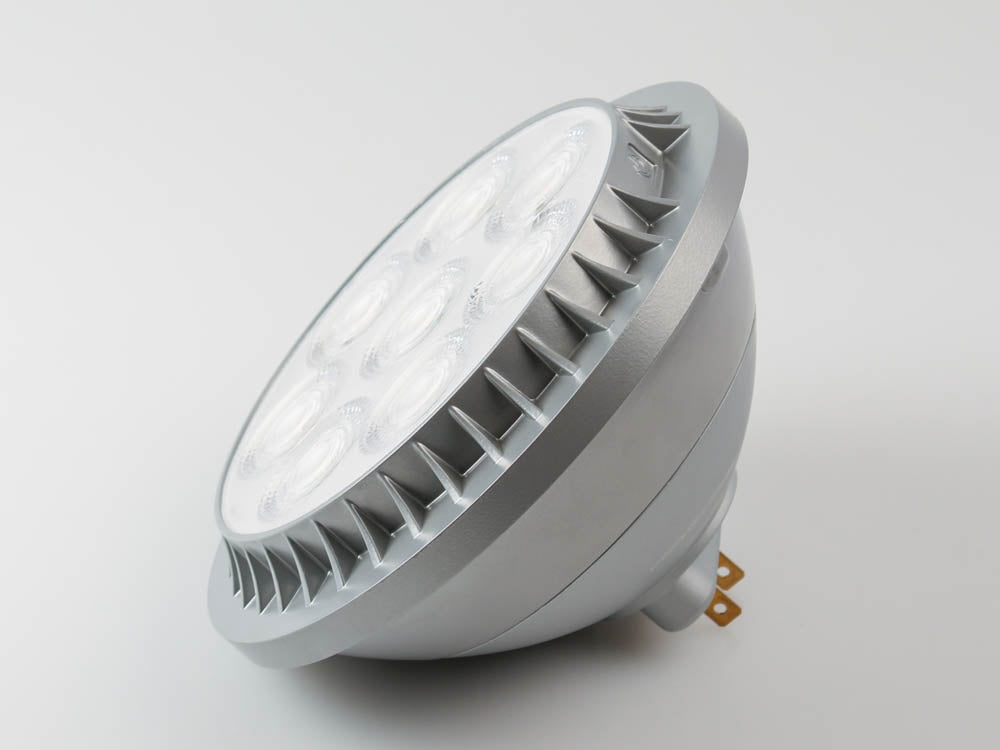 Green Creative LED 50W PAR56 narrow flood light with 25° beam, 5000 lumens, 3000K, GX16d base, suitable for stage or landscape lighting.