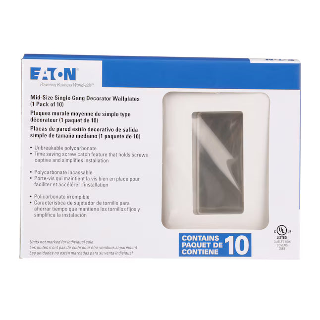 Set of 10 white Eaton mid-size single gang decorator wallplates by Cooper for wiring devices, perfect for home or office installations.