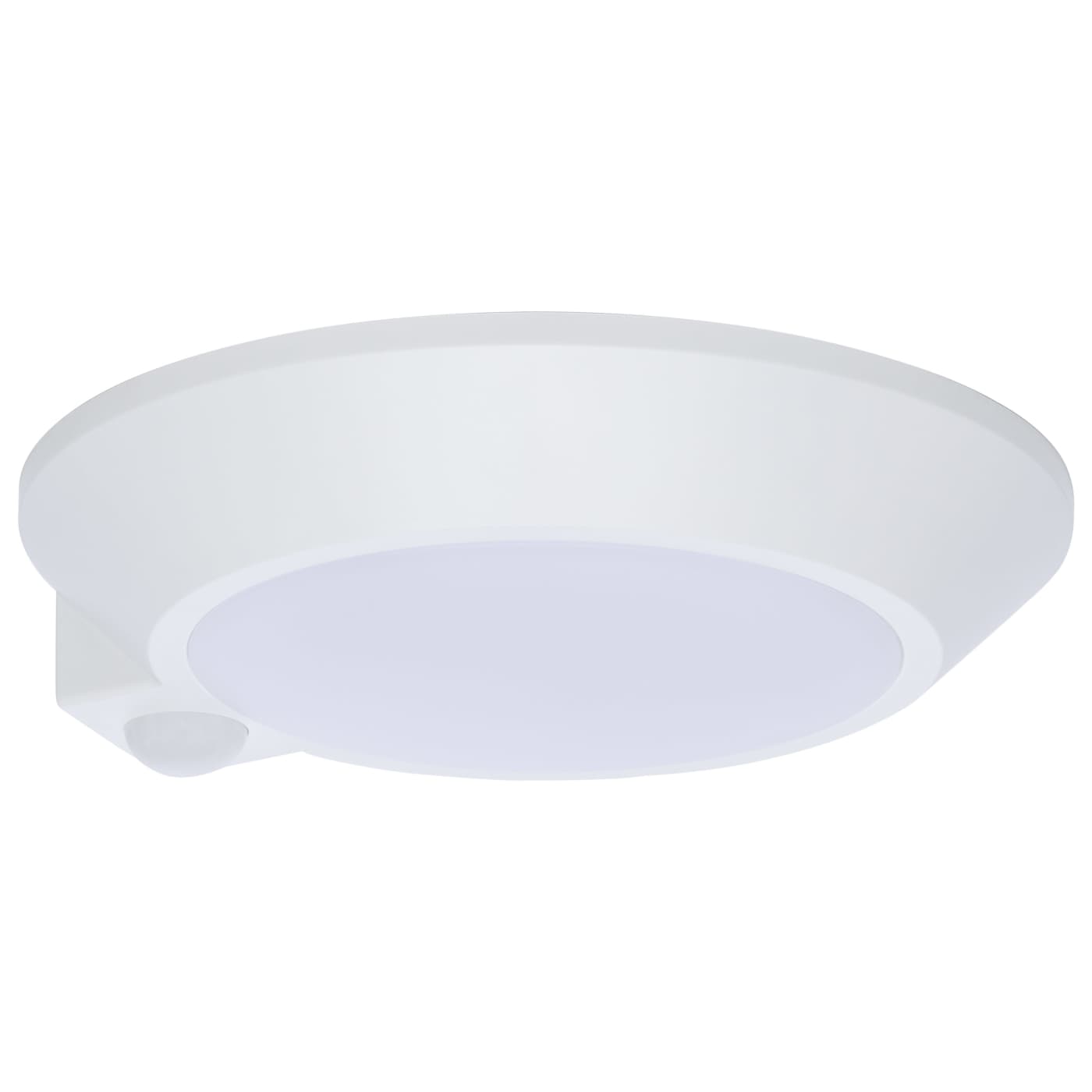 7-inch white LED disk ceiling light with occupancy sensor by Satco, featuring adjustable color temperature options from 2700K to 5000K.
